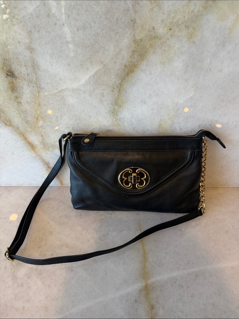 Emma Fox Black Leather Crossbody with Gold Medallion